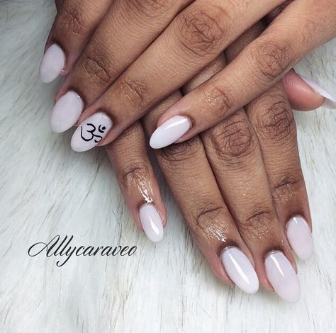 Neutral Colored Almond Shaped Nails With Om Symbol Nail Art "Step Right Up" by OPI Lacquer Om Nails Design, Nail Symbols, Om Nails, Symbol Nail Art, Buddha Nails Art, Buddhist Nail Art, Buddah Nails Art, Om Sign Om Symbol, Almond Shaped Nails