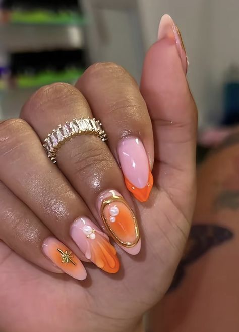 Orange Nail Designs, Wedding Band For Women, Acrylic Toe Nails, Long Nail Designs, Anniversary Wedding Band, French Acrylic Nails, Nail Idea, Almond Acrylic Nails, Orange Nails