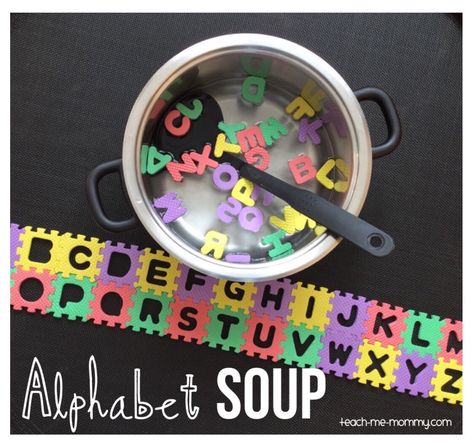 Fun alphabet soup literacy activity Learning Alphabet Activities Preschool Abc Games, Alphabet Knowledge Activities Preschool, Alphabet Soup Preschool, Learning Letters Activities, Alphabet Party, Making Soup, Alphabet Centers, Fun Alphabet, Aktiviti Kanak-kanak