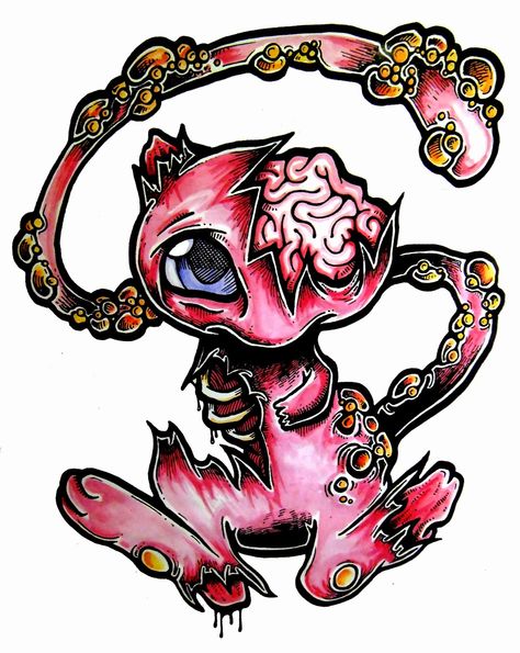 151st ZOMBIE POKEMON: MEW Zombie Pokemon Tattoo, Mew Pokemon Tattoo, Gore Drawing Ideas, Zombie Pikachu, Zombie Pokemon, Pokemon Club, Creepy Pokemon, Treat Art, Mew Pokemon