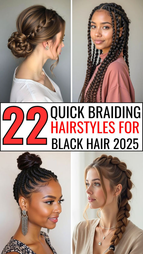 Collage of 22 quick and stylish braiding hairstyles for Black hair in 2025, featuring a mix of trendy braids like box braids, cornrows, and intricate braided updos. Braids For Water Park, Biracial Braids, Travel Braids Black Women, Braided Protective Styles Natural Hair, Cute Black Braided Hairstyles, Types Of Braids For Black Women, Quick Braiding Hairstyles, Quick Braiding Hairstyles For Black Hair, Easy Braids To Do On Yourself Black Hair