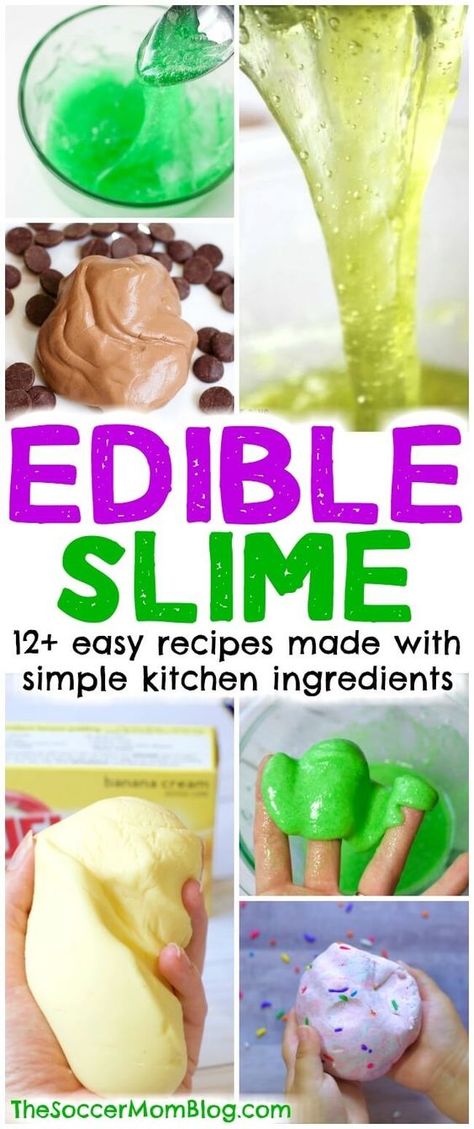 A huge collection of edible slime recipes for kids -- made with safe, non-toxic ingredients found at home. How to make slime WITHOUT borax, starch or glue. via @https://www.pinterest.com/soccermomblog Safe Slime Recipe, Make Slime For Kids, Edible Slime Recipe, Slime Ingredients, Edible Slime, Homemade Playdough Recipe, Slime Recipes, Kitchen Ingredients, Diy Edible