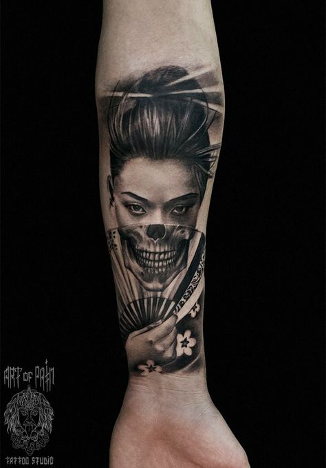 Asian Woman Tattoo Design, Asian Lady Tattoo, Geisha Skull Tattoo, Geisha Tattoo Design For Men, Geisha Tattoo Sleeve, Tato Irezumi, Japanese Forearm Tattoo, Samurai Tattoo Sleeve, Geisha Tattoo Design