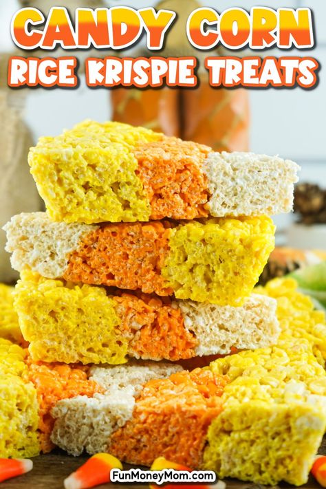 Candy corn Rice Krispie treats are just like everyone’s favorite cereal treat bars, but with a fun candy corn twist. They’re the perfect colorful fall treat for any Halloween party! Candy Corn Rice Krispie Treats Halloween, Rice Krispie Treats Halloween, Candy Corn Rice Krispie Treats, Halloween Cereal, Fun Fall Treats, Corn Rice, Treats Halloween, Krispie Treats Recipe, Rice Krispies Treats