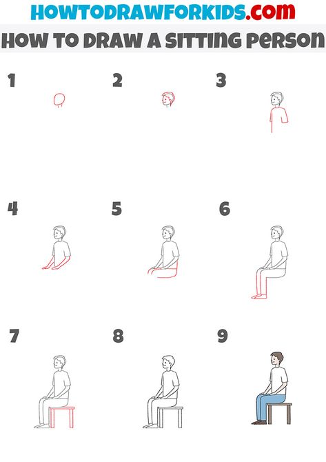 How To Draw A Person Sitting On A Chair, How To Draw A Sitting Person, Draw A Person, Bench Drawing, A Person Sitting, Baked Dessert, Planet Drawing, Stick People, Tree Drawings Pencil