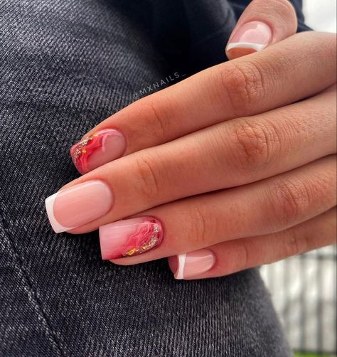 French Tip With Marble Nails, Marble Square Nails, Marble Accent Nails, Marble French Tip Nails, Marble French Nails, Ideas Uñas, Builder Gel Nails, Milky Nails, Manikur Kuku