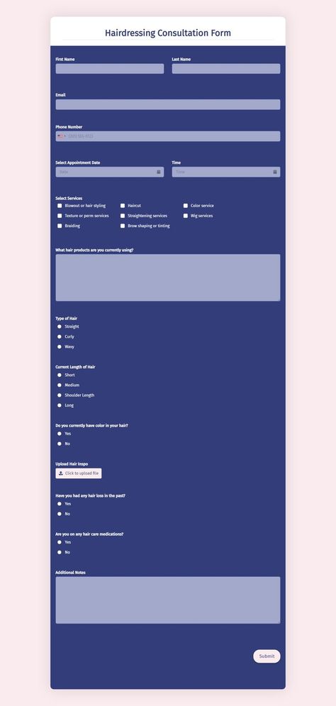 Are you looking for a simple way to allow clients book hairdressing consultations with you? Use this Hairdressing Consultation form. Clients can use this form to fill their personal information, select their preferred consultation date, and so on. It can also be used to streamline the booking process. Hair Consultation, Form Template, Brow Shaping, Haircut And Color, First Names, Simple Way, Straight Hairstyles, Short Hair Styles, The Selection
