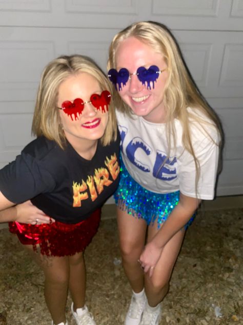 Hot And Cold Halloween Costumes Duo, Fire Vs Ice Costume, Spicy And Icy Costume, Ice And Hot Costumes, Fire And Ice Outfits, Fire Vs Ice Spirit Week, Ice And Fire Halloween Costume, Cute Best Friend Halloween Costumes For 2, Hot And Cold Halloween Costumes