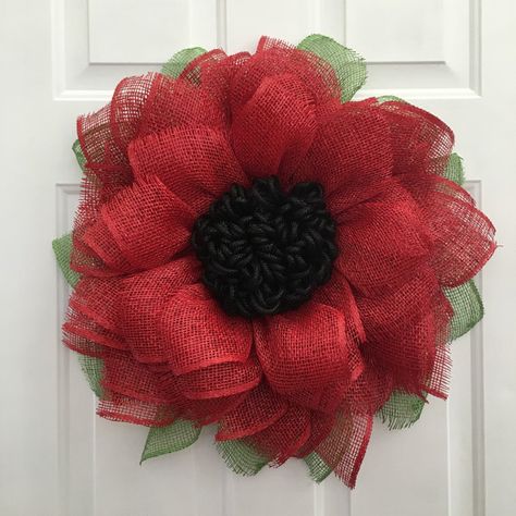 Thank you for looking at this Red Sunflower Wreath and Poppy Wreath. It measures out to 24-25 in diameter. This wreath is made of weather durable materials to compliment your Front Door Decor. *This wreath can be made with a darker olive green leaf to give it more of a fall look, just add to the notes section of your order that you would like the fall leaves. Please note that anytime you cut burlap there will be some fraying. Burlap Sunflower Wreath, Burlap Sunflower, Wreaths Crafts, Sunflower Burlap Wreaths, Red Poppy Flower, Poppy Wreath, Wreath Sunflower, Creative Wreaths, Red Sunflowers