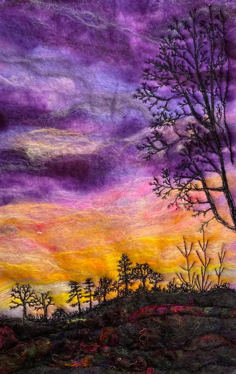 Sky With Trees, 1st February, Wool Felt Projects, Wet Felting Projects, Felt Pictures, Sunrise Photos, Free Motion Embroidery, Felt Embroidery, Embroidered Art