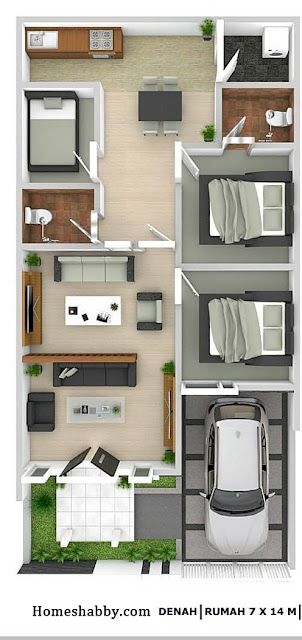 Inilah Desain dan Denah Rumah Idaman Dengan 3 Kamar Tidur Ukuran 7 x 14 M ~ Homeshabby.com : Design Home Plans, Home Decorating and Interior Design 3 Room House Plan, Small House Layout, Small House Design Exterior, A Frame House Plans, House Floor Design, House Arch Design, Simple House Plans, Smart Home Design, Minimal House Design