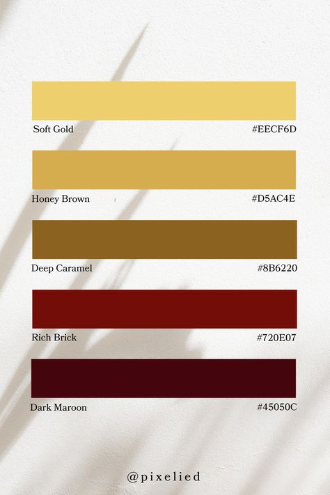 This warm earthy palette features a harmonious blend of soft gold, warm honey brown, deep caramel, rich brick, and dark maroon, evoking a sense of warmth and earthiness. Maroon Gold Color Palette, Fh Ui, Warm Earth Tone Color Palette, Color Scheme Generator, Earth Colour Palette, Tone Color Palette, Skin Palette, Earth Tone Color Palette, Color Generator