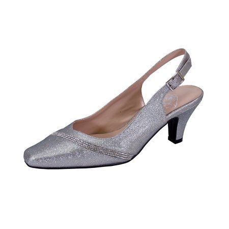 Stand out in this Floral Candice slingback that features a shimmering diagonal strip of sparkling crystals for a sophisticated touch to your wedding or party dress. This ladies 2.5 inch mid-heel dressy slingback has an adjustable buckle for a custom fit and provides the perfect comfort while on your feet. The glittery synthetic body completes the beauty of this classy slingback. **About Manufacturer** Footwear International Corporation (FootwearUS), located in Fairfield NJ, began its manufacturi Shoes Bridesmaid, Wide Dress, Easter Dresses For Toddlers, Size 11 Women Shoes, Shoe Ideas, Wide Width Shoes, All About Shoes, Silver Shoes, Dress Shoes Womens