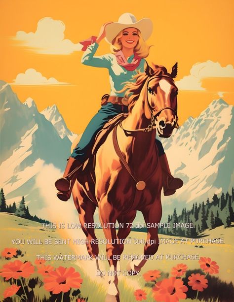 Cowgirl Riding Horse 1960's Poster Grand Tetons Wyoming Giclée Art Print 8.5x11 Old Western Movie Posters, Vintage Rodeo Posters, Hawaiian Cowgirl, Ranching Aesthetic, Cowgirl Riding Horse, Vintage Cowboy Art, Horse Folk Art, 70s Country, 1960s Posters