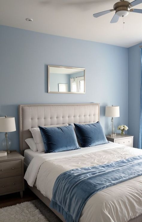 Create a stunning bedroom aesthetic by incorporating a color scheme of soft pastels, such as blush pink and baby blue. Pair it with trendy items like a velvet tufted headboard and a rose gold chandelier for a luxurious feel. Blue And Pink Bedroom, Blue Bedroom Walls, Blue Bedroom Decor, Vintage Room Decor, Bedroom Decor Inspiration, Bedroom Color Schemes, Blue Home Decor, Apartment Balcony Decorating, Blue Rooms