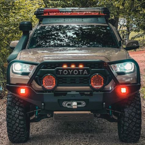 2016+ Tacoma Hi-Lite Overland Front Bumper - Bull Bar Introducing our brand new hybrid steel AND aluminum overland front bumper for the 3rd gen Tacoma. The Hi-Lite gets it's name from it's aggressive high clearance design as well as it's ultra-light weight construction. Our bumper features a full 26lb aluminum shell paired (+4lbs with bull bar) with a 54lb steel winch cradle - totaling only 80lbs (84lbs with bull bar). We've specially designed this bumper to have the strength where you need it m Tacoma Bumper, 2016 Tacoma, 3rd Gen Tacoma, Toyota Tacoma 2016, Winch Bumpers, Bull Bar, Toyota Tacoma, Toyota, Bar