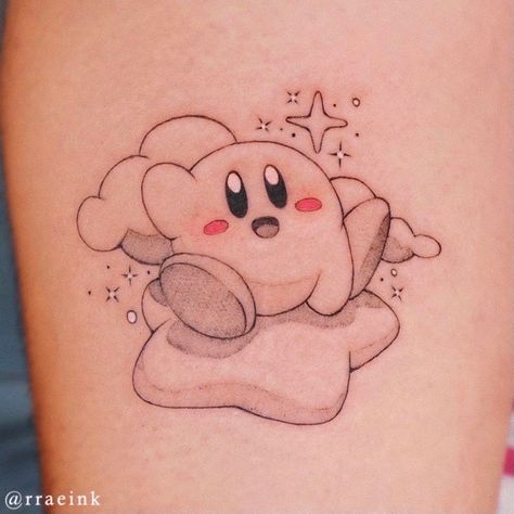 Rachel Song ✨ on Instagram: “Cute lil kirby cruising on a warp star for Gil’s first tat!! 💫⭐️✨ — done @yantstudio books closed for now!” Simple Kirby Tattoo, Tattoo Prompts, Kirby Tattoo, Nintendo Tattoo, Hammer Tattoo, Pikachu Tattoo, Angel Bebe, Dibujos Tattoo, Sick Tattoo