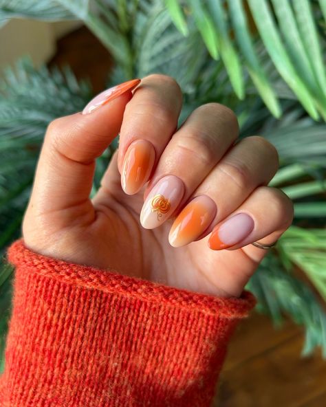 elegant autumnal orange pumpkin nails 🎃🍂🍁✨ rings from @luvaj 🤩 #nails #nailinspo #nailart #naildesign #autumnnails #pumpkinnails #fallnails #nailinspiration Orange Pumpkin Nails, Orange Autumn Nails, Orange Nails Fall, Thanksgiving Nail Ideas, Fall Nails Designs, Nails Rings, Uñas Ideas, Nailinspo Nailart, Chic Nail Designs