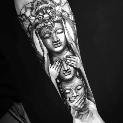 See No Evil, Speak No Evil, Hear No Evil Tattoo | Tattoo Ideas and Inspiration Buddhist Tattoo Sleeve, Buda Tattoo, Buddha Tattoo Sleeve, Octopus Tattoo Sleeve, Polynesian Tattoos, Geometric Tattoos, Evil Tattoo, Arm Tattoos, Buddhist Tattoo