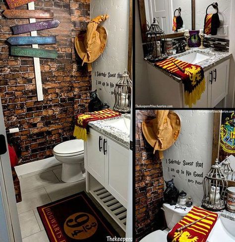 Brick bathroom wall - Platform 9 3/4 Harry Potter Themed Bathroom Ideas, Harry Potter Bathroom Decor Ideas, Harry Potter Kids Bathroom, Harry Potter Kitchen Theme, Harry Potter Bathrooms, Harry Potter Toilet Ideas, Harry Potter Inspired Bathroom, Harry Potter Theme Bathroom, Store Bathroom Ideas