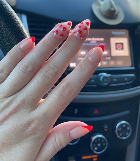 red french tip nails with mushroom accent nails #rednails #red #mushrooms #mushroomnails #nails #nailart #summernails #cottagecore #nature Red Mushroom Nails, Cottagecore Nails, Red French Tip Nails, Mushroom Nails, Red French Tip, Cottagecore Nature, Red Mushrooms, Red French, Red Mushroom