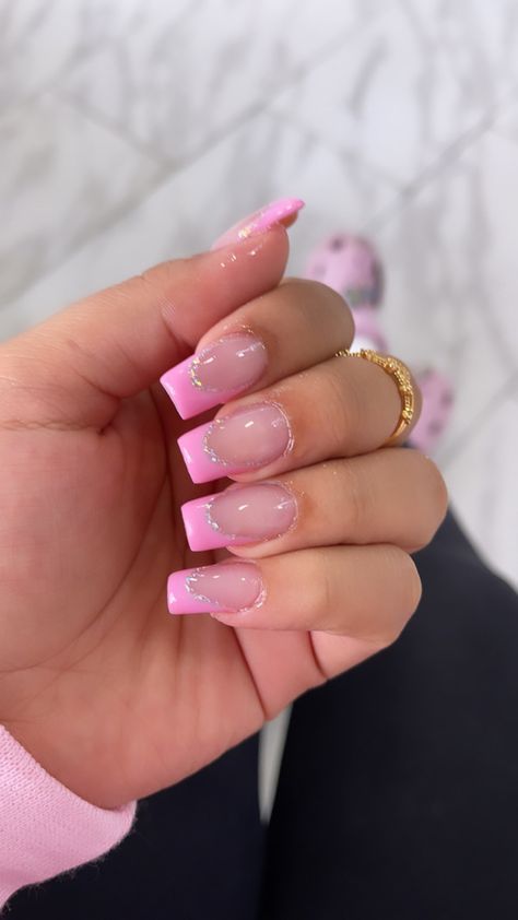 French Tip 1.5, Summer Nail Inspo French Tip Square, Small Medium Nails Acrylic, Cool French Tip Nail Designs Square, Mid Coffin Acrylic Nails, Medium Length Nail Designs Summer, Glitter French Tips Square, Prom Nails For Pink Dress Sparkle, Acrylic Nail Designs Hot Pink