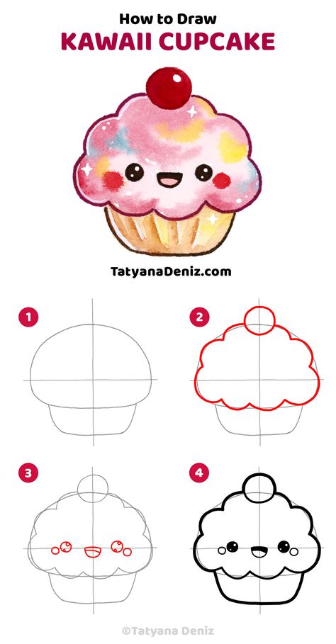 Easy step-by-step tutorial to draw kawaii cupcake. This fun drawing is perfect to draw with kids, use in DIY and crafts, put on a greeting card or a t-shirt design. I used watercolor to color it, but it would look great with pencils or markers too. Kawaii art and drawing tutorial by Tatyana Deniz. Kawaii Drawing Tutorial Step By Step, How To Sketch Step By Step For Beginners, Kawaii How To Draw, How To Draw Cute Food, Kawaii Drawing Tutorial, Kawaii Drawings Step By Step, How To Draw Kawaii Step By Step, Drawing Step By Step For Kids, Watercolor For Kids Easy