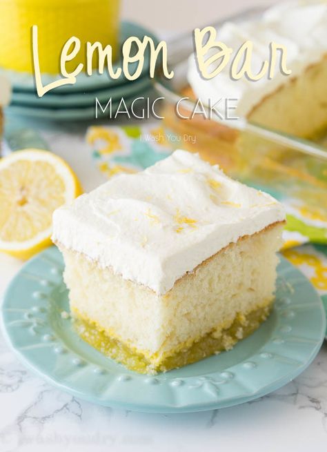 If you're a lemon fan, this dessert is for you! This Lemon Bar Magic Cake has three delicious and easy desserts in one! Lemon bars on the bottom, moist cake in the middle and a super easy lemon mousse on top! My family thoroughly enjoyed this one! Magic Cake Recipe, Lemon Magic, Pumpkin Magic Cake, Magic Cake Recipes, Poke Cake Lemon, Lemon Cakes, Lemon Bar, Lemon Cake Mixes, Bake Goods