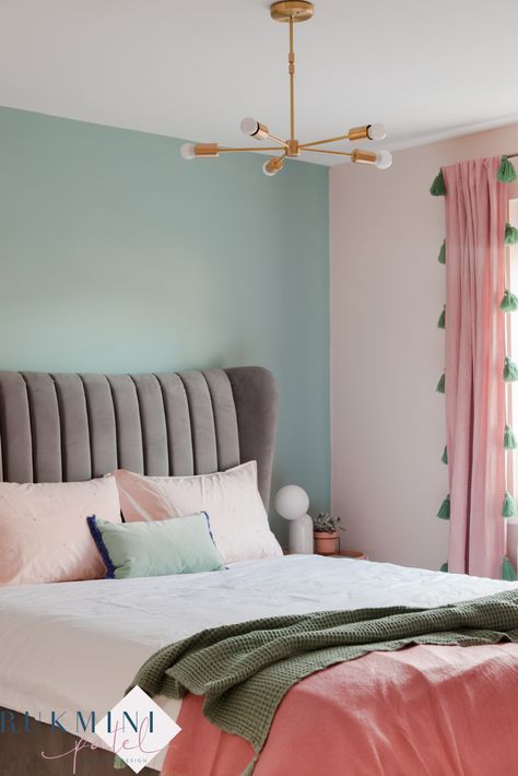 Calming Guest Bedroom - Modern - Bedroom - Other - by Rukmini Patel Interior Design | Houzz UK Pink Mint Bedroom, Pink And Green Walls, Miranda House, Bedroom Wall Paint Colors, Mint Green Bedroom, Grey Upholstered Bed, Mint Bedroom, Color Curtains, Blush Bedroom