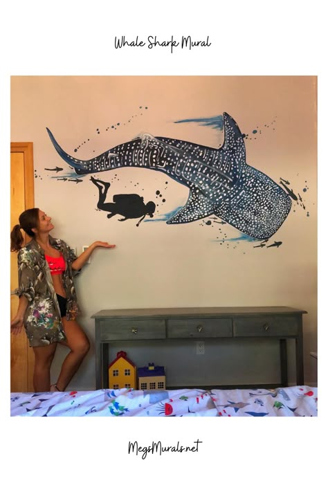 Bedroom Whale Shark and Scuba Diver Mural Whale Sharks Painting, Whale Shark Art Wallpaper, Wall Shark Diy, Whale Shark Canvas Painting, Shark Wall Painting, Shark Mural, Whale Shark Mural, Shark Bedroom, Whale Shark Tattoo