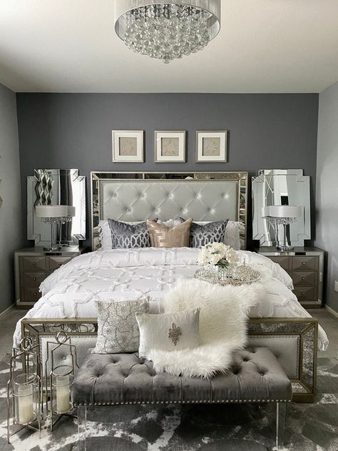 Glam Bedroom Decor, Amazing Bedroom Designs, Silver Bedroom, Beautiful Bedrooms Master, Luxury Room Bedroom, Glam Bedroom, Apartment Decor Inspiration, Luxury Rooms, Master Bedrooms