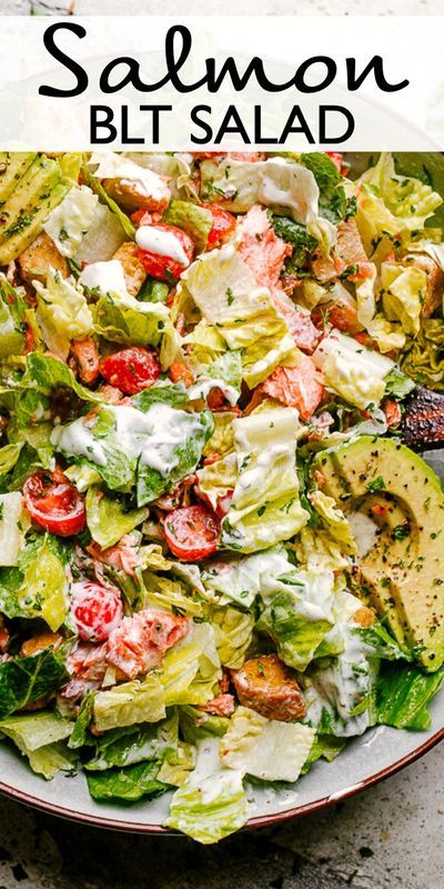 You’ll love this easy salmon salad with all of the classic BLT flavors! Topped with broiled salmon and a creamy homemade ranch dressing. #salmon #salad #blt #lunchideas #dinnerideas Salmon Blt, Salad Cobb, Blt Salad Recipe, Salad Macaroni, Salad Kale, Recipe Salmon, Salmon Salad Recipes, Recipes Salmon, Blt Salad