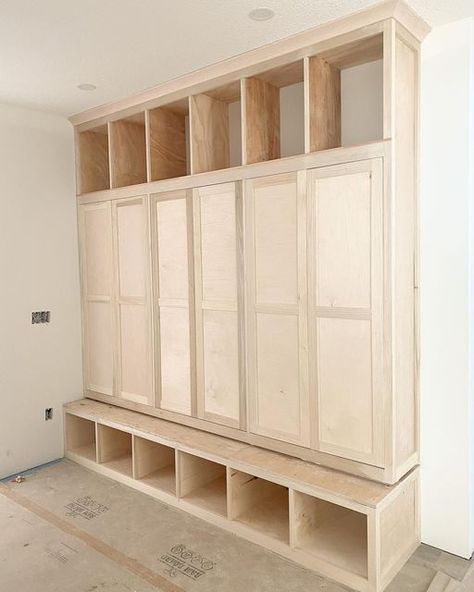 Floor To Ceiling Mudroom Lockers, Mudroom Cabinet Dimensions, Lockers In Laundry Room, Coat Lockers Mud Rooms, Garage Locker Storage, Built In Lockers Mud Rooms, Breezeway Makeover, Diy Mudroom Lockers With Doors, Mudroom Entryway Storage