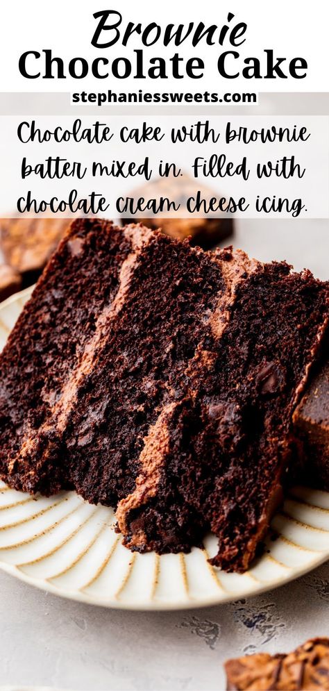 This brownie cake is a decadent chocolate cake with brownie layers baked into the cake. It has an amazing texture and tastes amazing! Chocolate Cake With Brownie Layer, Chocolate Brownies Cake, Chocolate Cake With Crunchy Layer, Ghirardelli Chocolate Cake, Layered Brownie Cake, The Best Birthday Cake Recipe, Easy Chocolate Birthday Cake Ideas, How To Make Chocolate Cake Mix Better, Chocolate Cake For Easter