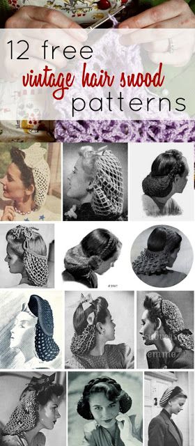 12 free vintage hair snood knitting and crochet patterns from the 1940s Lampe Crochet, Snood Pattern, Crochet Snood, Hair Snood, Bandeau Au Crochet, Knitting And Crochet Patterns, Confection Au Crochet, Vintage Crochet Patterns, Bonnet Crochet