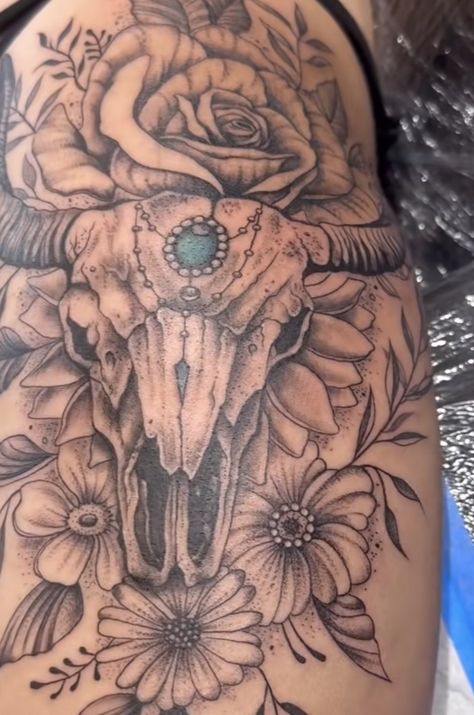 Women S Tattoos, Upper Thigh Cover Up Tattoo Women, Western Tattoos For Women Ribs, Cow Skull Sleeve Tattoo, Western Tooled Tattoo, Ranchero Tattoo, Western Leg Sleeve Tattoos For Women, Badass Thigh Tattoos For Women, Steer Skull Tattoo For Women