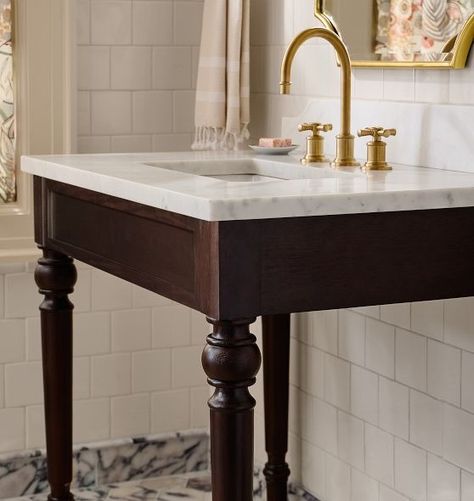 Single All Vanities & Sinks | Rejuvenation Modern Victorian Bathroom Vanity, Spindle Leg Bathroom Vanity, Powder Room Bathroom Vanity, Wood Floor Powder Room, Powder Room Sinks And Vanities, Simple Bathroom Vanity, Powder Room Vanity Ideas, Powder Room Vanities, Console Bathroom Sink