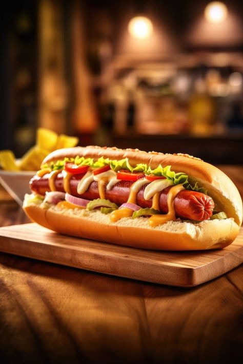 Delicious hotdog, sausage in bread close-up with French fries. Fast food. Menu royalty free stock photo Hot Dogs Negocio Ideas, Hot Dog Aesthetic, Gourmet Hot Dogs Toppings, Hot Dog Photography, French Hot Dog, Hod Dog, Hot Dog Sandwich, Hotdog Sandwich, Easy Protein Meals