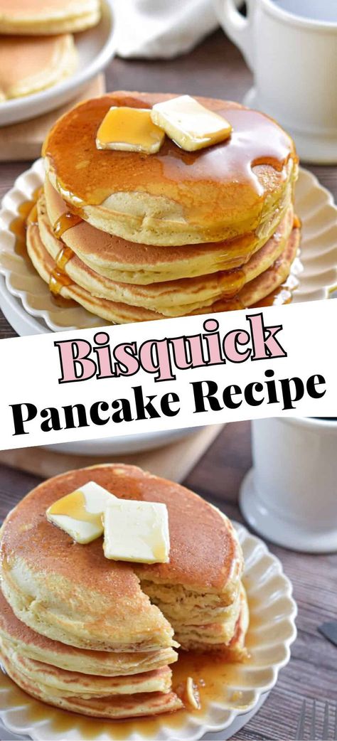 Whip up quick and easy Bisquick pancakes – a foolproof way to enjoy delicious, homemade breakfasts in no time! With only a few simple ingredients, you'll have fluffy pancakes in just a few minutes! Biscuit Pancakes Recipes, Bus Quick Pancake Recipe, Bisquick Recipes Pancakes, Pancakes With Pancake Mix Recipe, Bisquick Pancakes Fluffy, Fluffy Bisquick Pancakes, Pancake Recipe With Bisquick, Pancake Recipe Bisquick, Bisquick Blueberry Pancakes