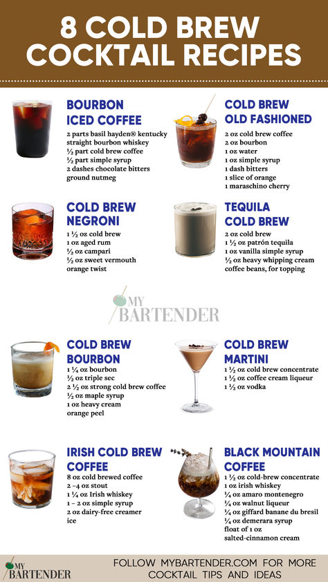 Cold Brew Cocktail Recipes Coffee Cocktails Iced, Cold Brew Cocktail Recipe, Cold Brew Coffee Cocktails, Coffee With Alcohol Recipes, Cold Brew Ideas, Cold Brew Cocktail Drinks, Cold Brew Martini Recipe, Cold Brew Espresso Martini, Cold Brew Recipes Drinks