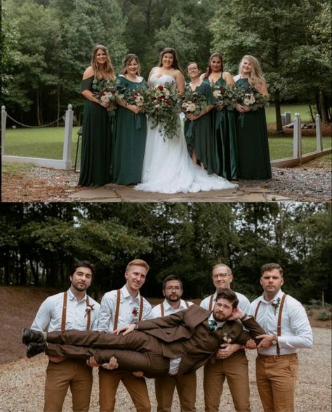 Olive Green Bridesmaid Dress Groomsmen, Woodland Wedding Groom Attire, Green Bridesmaid Brown Groomsmen, Woodland Green Wedding, Forest Wedding Aesthetic Bridesmaids, Wedding Color Schemes Olive Green, Forest Green Groomsmen Suits, Brown And Green Bridal Party, Bridal Party Forest Green