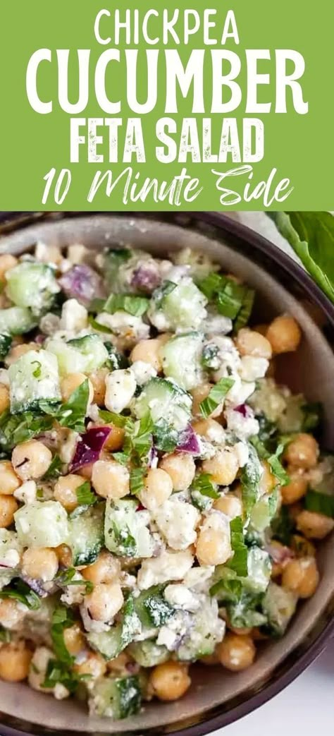 This protein packed Summer salad comes together quickly and easily and features canned chickpeas, crunchy cucumbers, and salty feta cheese. This lemon Greek salad can also be customized by adding your favorite herbs like mint, dill, or basil and is a great healthy side dish that comes together in just 10 minutes or less! Make for memorial day or fourth of july! Mediterranean Diet Chickpea Salad, Cucumber And Bean Salad, Cucumber Dill Chicken Salad, Cucumber And Chickpea Salad, Chick Peas Salad Healthy, Simple Salad Recipes Easy, Chickpea Cucumber Feta Salad, Feta Salad Recipes, Cucumber Ideas