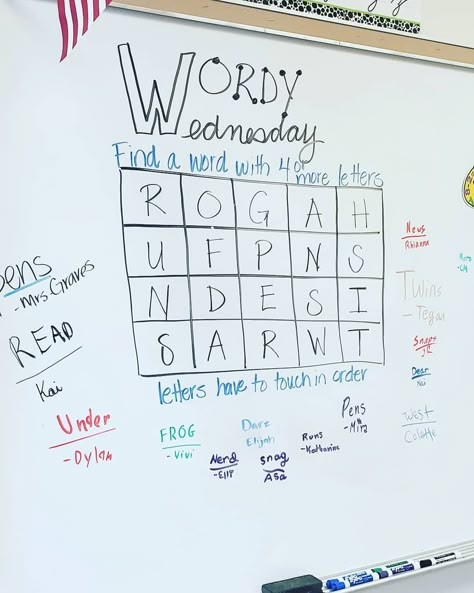 It's our first Wordy Wednesday of the year! Once a week for morning work, I challenge my class to find as many words (w/ 4 or more letters)… Wordy Wednesday Activities, Word Of The Week Ideas, Work Team Building Activities, Word Wednesday, Teacher Tricks, Whiteboard Messages, Teaching Classroom Decor, Classroom Elementary, Morning Work Activities