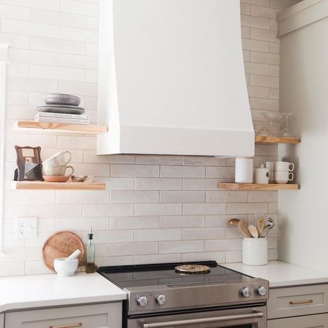 Drywall Hood Range, Hood Range With Open Shelves, Hood With Shelves On Side, Open Shelves Next To Range Hood, Range Hood With Open Shelving, Plaster Hood Kitchen, Ventless Range Hood, Hoods Over Stoves, Plaster Range Hood