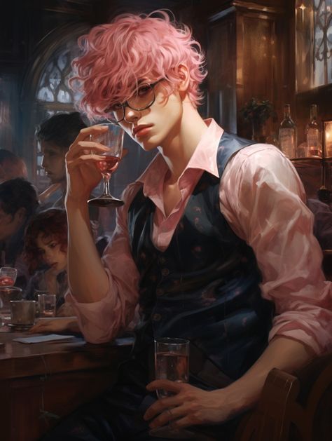 Pink Hair Male Oc, Pink Hair Boy Art, Pink Hair Male, Guys With Pink Hair, Dusty Pink Hair, Red Hair Green Eyes, Pink Warrior, Male Elf, Maroon Hair