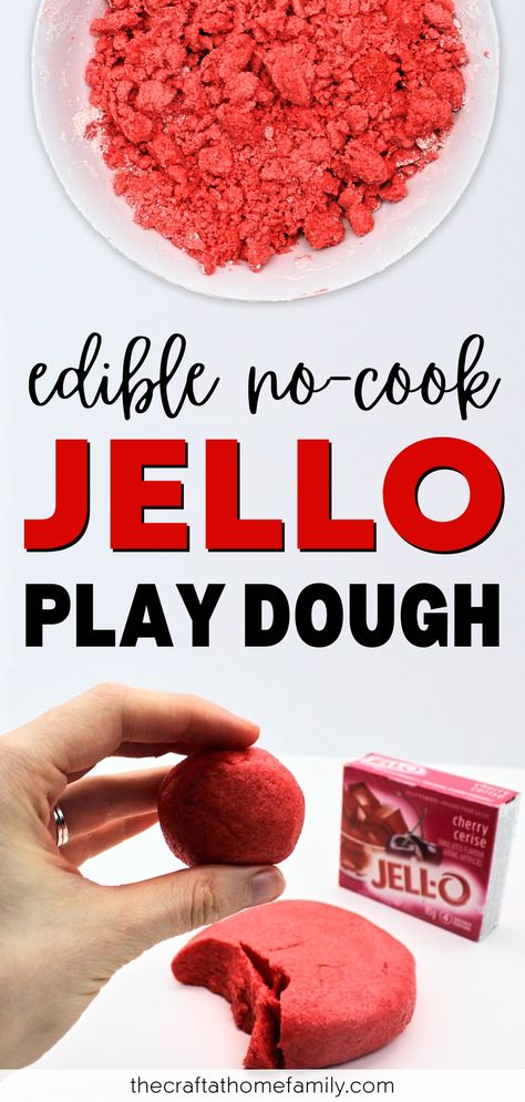 Photos of a bowl of red mixture and a hand holding up a ball of red play dough with the words "Edible No-Cook Jell-O Play Dough" No Cook Playdoh, Jello Play Dough, Jello Play, Edible Playdoh, Make Play Dough, Edible Play Dough Recipe, Easy Playdough Recipe, Cooked Playdough, Edible Playdough