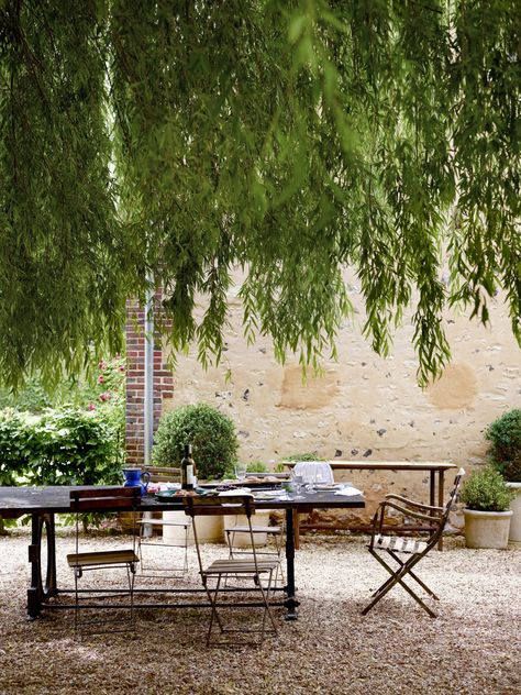 French Courtyard, Pea Gravel Patio, Landscape Pavers, Provence Garden, Landscaping Around Trees, French Patio, Florida Landscaping, Gravel Patio, Backyard Shade