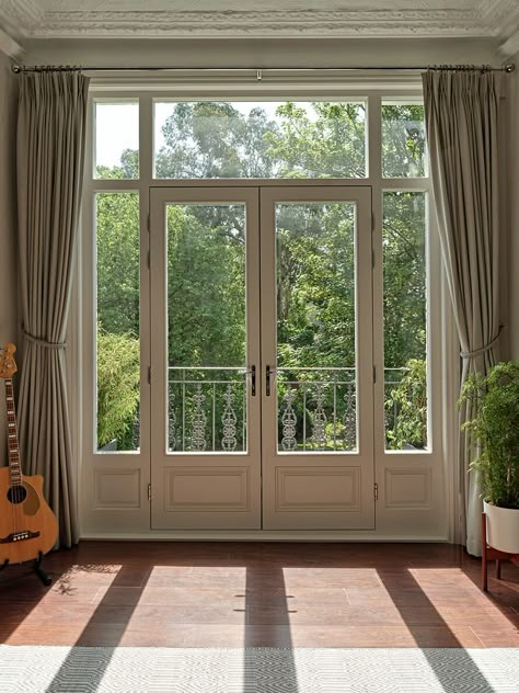 Wooden French Windows, Vintage French Doors Patio, French Doors Onto Patio, French Balcony Doors, Garden French Doors, Cottage Patio Doors, French Doors And Windows, Cottage French Doors, Patio French Door Ideas