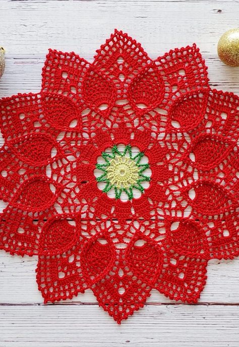 Christmas Crochet Doily Free Pattern, Christmas Crochet Doily Patterns Free, Christmas Doily Crochet Patterns Free, Crochet Christmas Doily Pattern, Crochet Poinsettia Doily Free Pattern, Crochet Christmas Poinsettia Pattern, Crochet Poinsettia Coaster Free Pattern, Christmas Tree Doily Crochet Pattern, Crochet Christmas Doily