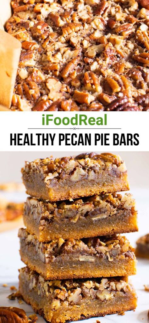 Healthy Pecan Pie Bars layered with a sweet cinnamon and maple flavoured crispy base and then topped with an ooey-gooey soft pecan pie filling. This easy, gluten free, dairy free, and refined sugar free recipe will be your new favourite way to enjoy pecan pie! Healthy Pecan Pie Bars, Vegan Pecan Pie Bars, Healthy Pecan Pie, Sugar Free Pecan Pie, Pecan Bars Recipe, Sugar Free Recipe, Pecan Pie Bars Easy, Bars Gluten Free, Vegan Pecan Pie